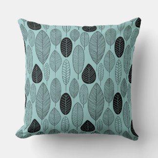 Cojín Decorativo Patrón de hoja - Negro sobre verde azul claro