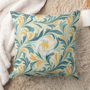 Cojín Decorativo Patrón de hoja verde esmeralda y paisley de oro