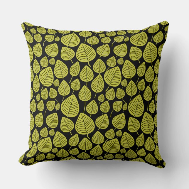 Cojín Decorativo Patrón de hojas 02 - Amarillo bananero en negro (Anverso)