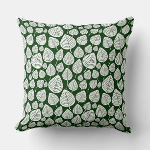 Cojín Decorativo Patrón de hojas 02 - Blanco sobre verde oscuro