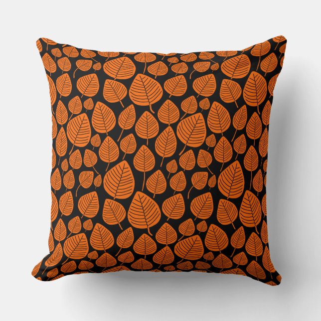 Cojín Decorativo Patrón de hojas 02 - Naranja en negro (Anverso)
