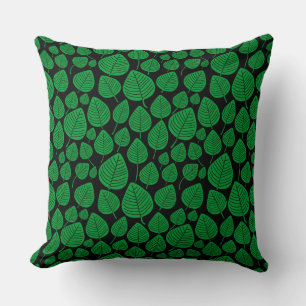 Cojín Decorativo Patrón de hojas 02 - Verde de hierba sobre negro