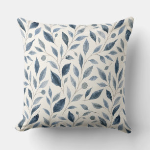 Cojín Decorativo Patrón de hojas de acuarela azul elegante