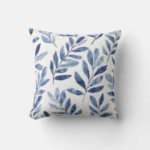 Cojín Decorativo Patrón de hojas de acuarela elegante azul añil