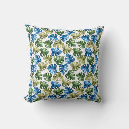 Cojín Decorativo Patrón de hojas de monstera azul y verde