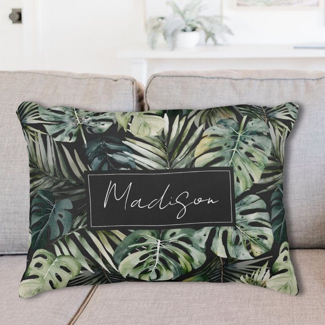 Cojín Decorativo Patrón de hojas de selva tropical verde acuarela (In situ)