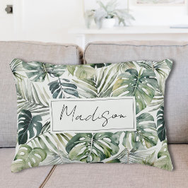 Cojín Decorativo Patrón de hojas de selva tropical verde acuarela