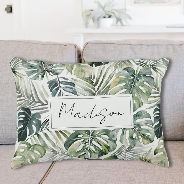 Cojín Decorativo Patrón de hojas de selva tropical verde acuarela (In situ)