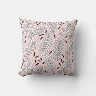 Cojín Decorativo Patrón de hojas en blanco y negro con fondo rosa
