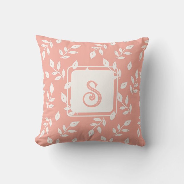Cojín Decorativo Patrón de hojas en blanco y rosa (Anverso)