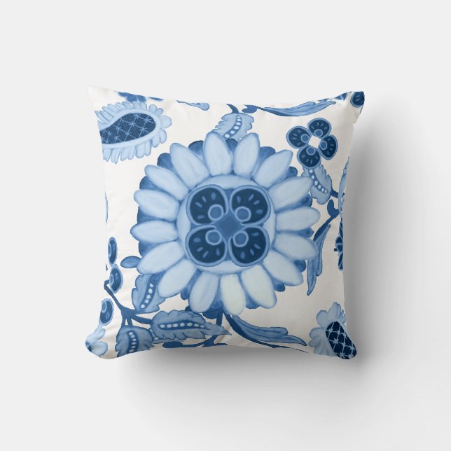 Cojín Decorativo Patrón de hojas modernas Paisley azul blanco marro (Anverso)