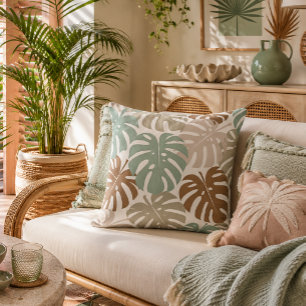 Cojín Decorativo Patrón de hojas tropicales de Monstera en tonos te