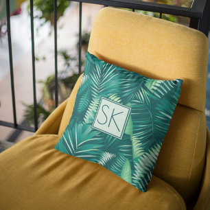 Cojín Decorativo Patrón de hojas tropicales monogramadas de palmera