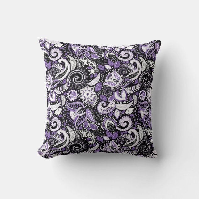 Cojín Decorativo Patrón de impresión paisley negro morado (Anverso)