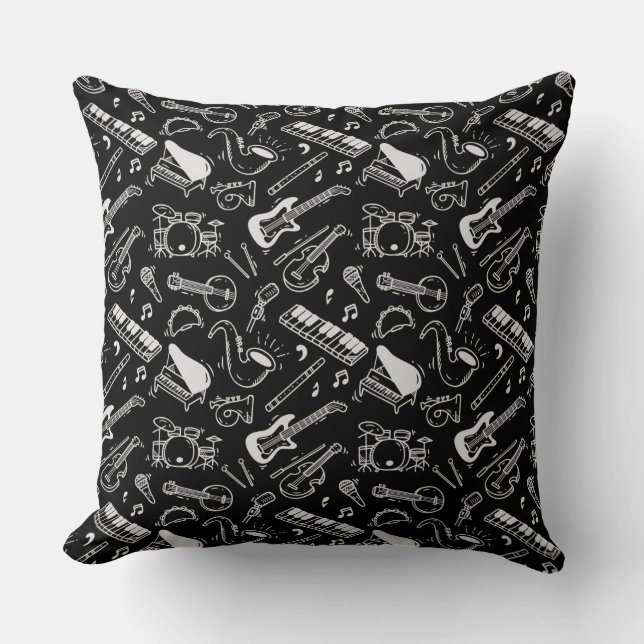 Cojín Decorativo Patrón de instrumentos en blanco y negro (Anverso)