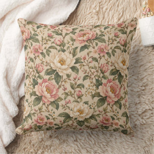 Cojín Decorativo Patrón de jardín de peonía y rosa romántica vintag