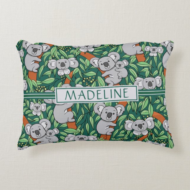 Cojín Decorativo Patrón de Koala Personalizado Cazador Verde (Anverso)