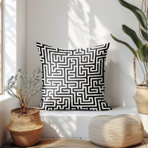 Cojín Decorativo Patrón de laberinto geométrico negro sobre blanco