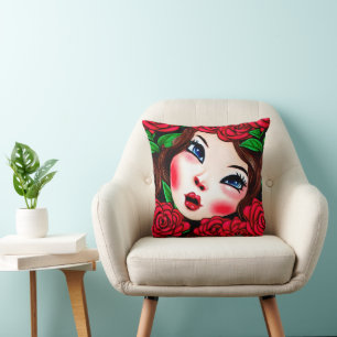 Cojín Decorativo Patrón de labios rojos y rosas rojas