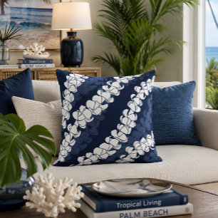 Cojín Decorativo Patrón de Lei Puakenikeni Hawaiano Moderno Azul Ma