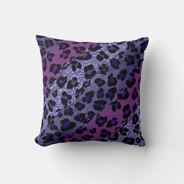 Cojín Decorativo *~* Patrón de leopardo de Purpurina púrpura negro (Anverso)