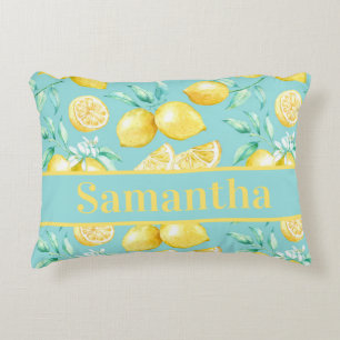 Cojín Decorativo Patrón de limón amarillo lindo en azul claro perso
