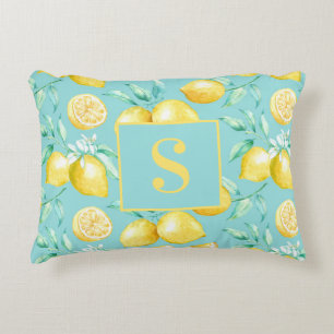 Cojín Decorativo Patrón de limón amarillo lindo en monograma azul c