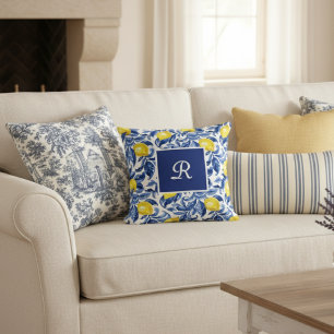 Cojín Decorativo Patrón de Limón de Acuarela Azul Monograma