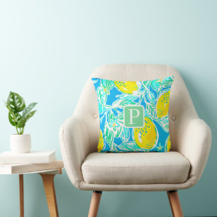 Cojín Decorativo Patrón de limón elegante con monograma azul