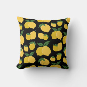 Cojín Decorativo Patrón de limón Fruto retro Amarillo sobre negro