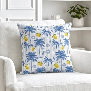 Cojín Decorativo Patrón de limones y palmeras de toile azul