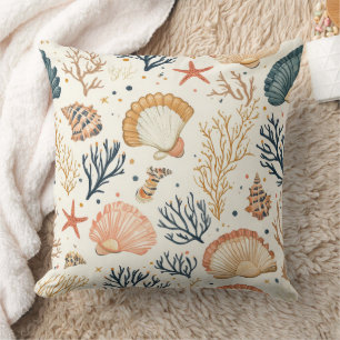 Cojín Decorativo Patrón de lujo costero con conchas de coral azul m
