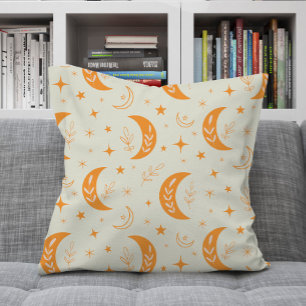 Cojín Decorativo Patrón de luna y estrellas boho naranja  