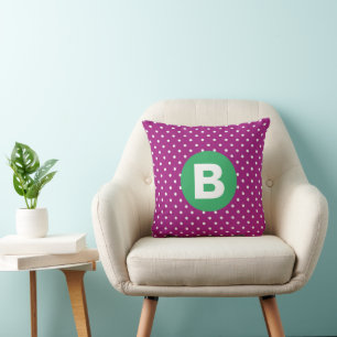 Cojín Decorativo Patrón de lunares púrpura Monograma verde
