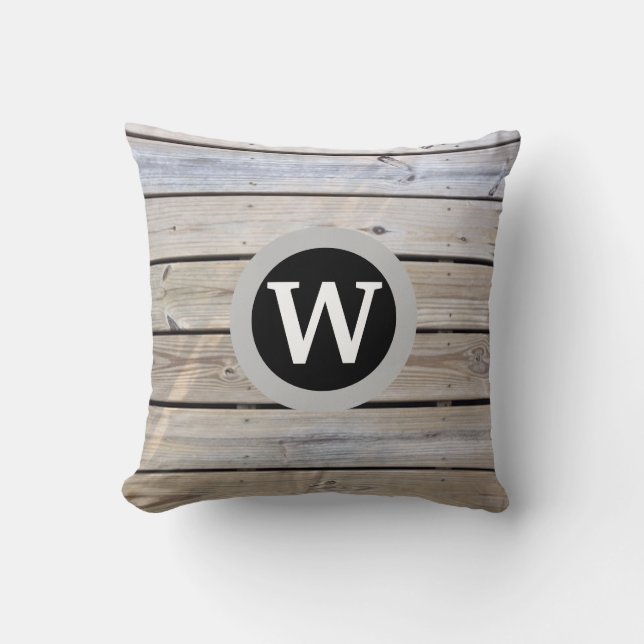 Cojín Decorativo Patrón de madera rústica con monograma (Anverso)