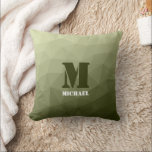 Cojín Decorativo Patrón de malla geométrica verde claro del ejércit<br><div class="desc">Monograma Personalice con su personalizado inicial y su nombre. El gradiente verde del ejército de la malla geométrica triángulos sombríos. Malla geométrica triangular con gradiente oscuro gris oscuro claro. militar,  ejército,  patrón,  sombrío,  malla,  triángulos,  geometría,  geométrica,  gradiente,  fresco,  triángulo,  verde</div>