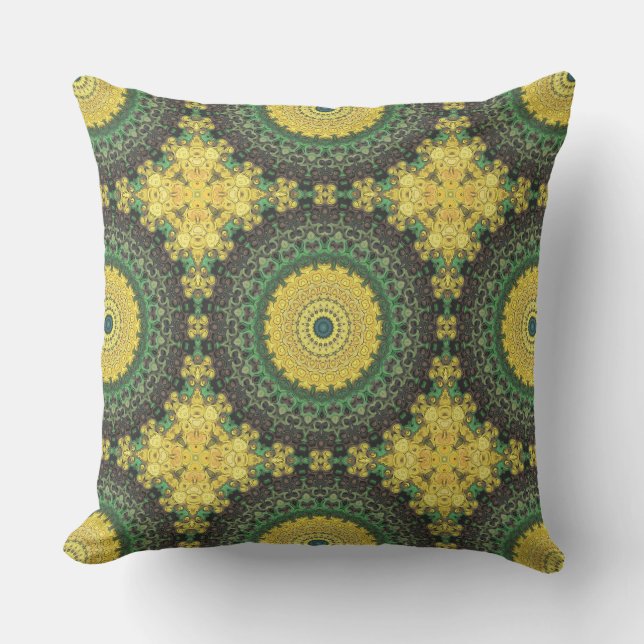 Cojín Decorativo Patrón de Mandala amarillo y verde Kaleidoscopio (Anverso)