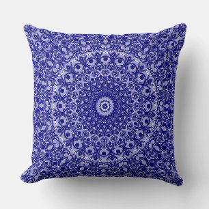 Cojín Decorativo Patrón de Mandala Azul Medianoche y Blanco