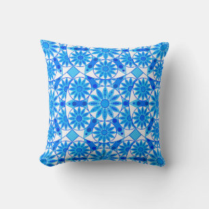 Cojín Decorativo Patrón de Mandala, cobalto, turquesa y blanco