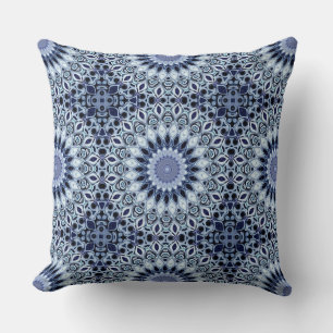 Cojín Decorativo Patrón de Mandala de Caleidoscopio Azul y Blanco