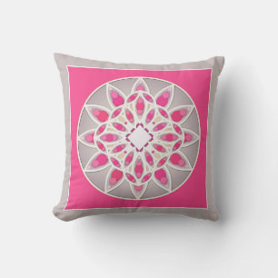 Cojín Decorativo Patrón de Mandala en fucsia rosa, blanco y gris