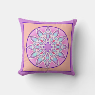 Cojín Decorativo Patrón de Mandala en lavanda, orquídea y coral