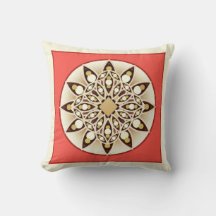 Cojín Decorativo Patrón de Mandala en rosa coral, chocolate y tosta