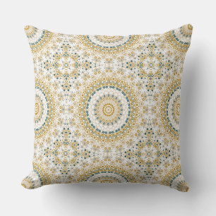 Cojín Decorativo Patrón de Mandala Geométrico Dorado y Verde