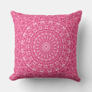 Cojín Decorativo Patrón de Mandala Rosa Brillante y Blanco