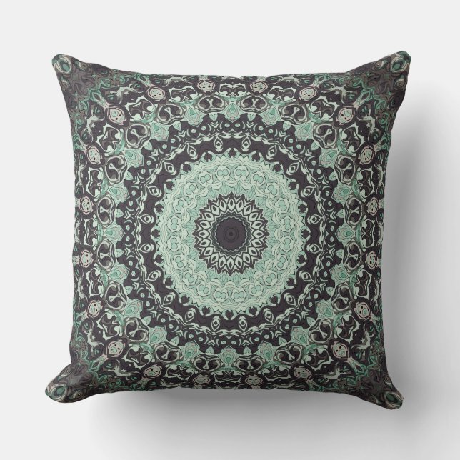 Cojín Decorativo Patrón de Mandala Verde Menta y Carbón (Anverso)