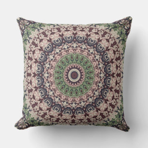 Cojín Decorativo Patrón de Mandala Verde y Marrón Tonos de Tierra