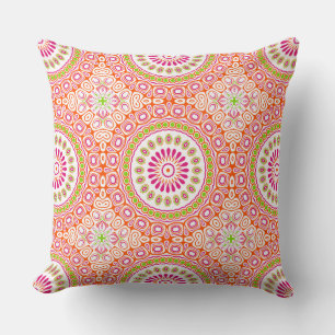 Cojín Decorativo Patrón de Mandala Vibrante de Color Naranja y Verd