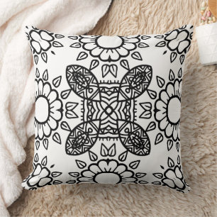 Cojín Decorativo Patrón de marco de mandala en blanco y negro
