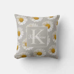 Cojín Decorativo Patrón de margarita blanca Monograma Floral gris